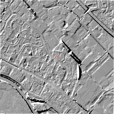 Shaded relief map of the ground around B797SD, computed from Environment Agency LiDAR. The ground here sits at about 58 m above sea level and falls 9 m across the surrounding 800 m. Surface water reaching this point runs off ground lying to the south-east, 5.7 m higher.