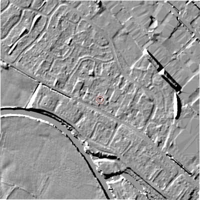 Shaded relief map of the ground around B797SF, computed from Environment Agency LiDAR. The ground here sits at about 58 m above sea level and falls 9 m across the surrounding 800 m. Surface water reaching this point runs off ground lying to the south-west, 1.3 m higher.