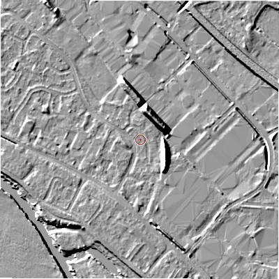 Shaded relief map of the ground around B797SG, computed from Environment Agency LiDAR. The ground here sits at about 58 m above sea level and falls 9 m across the surrounding 800 m. Surface water reaching this point runs off ground lying to the south-east, 5.6 m higher.