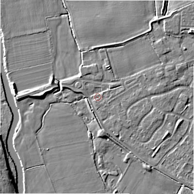 Shaded relief map of the ground around B797SH, computed from Environment Agency LiDAR. The ground here sits at about 58 m above sea level and falls 8 m across the surrounding 800 m. Surface water reaching this point runs off ground lying to the north-west, 1.2 m higher.