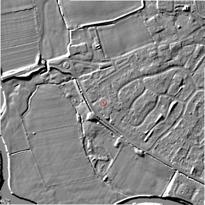 Shaded relief map of the ground around B797SJ, computed from Environment Agency LiDAR. The ground here sits at about 58 m above sea level and falls 6 m across the surrounding 800 m. Surface water reaching this point runs off ground lying to the east, 1.0 m higher.