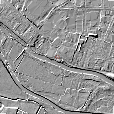 Shaded relief map of the ground around B797SP, computed from Environment Agency LiDAR. The ground here sits at about 59 m above sea level and falls 7 m across the surrounding 800 m. Surface water reaching this point runs off ground lying to the south-east, 0.8 m higher.