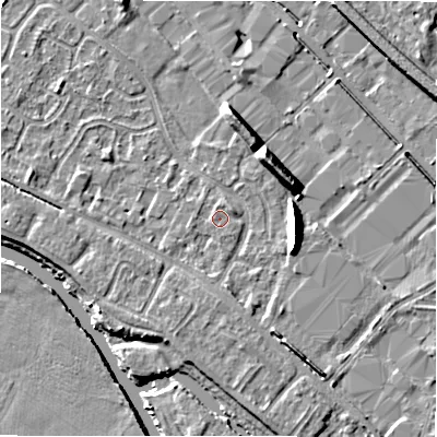 Shaded relief map of the ground around B797SQ, computed from Environment Agency LiDAR. The ground here sits at about 59 m above sea level and falls 9 m across the surrounding 800 m. Surface water reaching this point runs off ground lying to the south, 1.1 m higher.