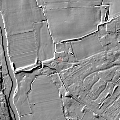 Shaded relief map of the ground around B797SS, computed from Environment Agency LiDAR. The ground here sits at about 58 m above sea level and falls 8 m across the surrounding 800 m. Surface water reaching this point runs off ground lying to the west, 1.0 m higher.
