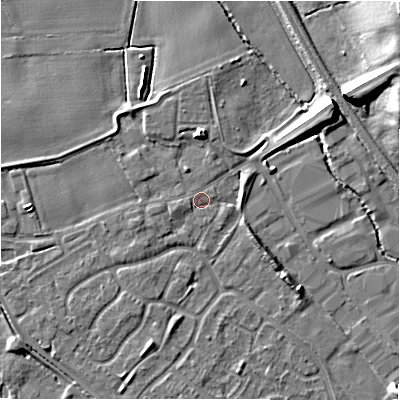 Shaded relief map of the ground around B797ST, computed from Environment Agency LiDAR. The ground here sits at about 58 m above sea level and falls 11 m across the surrounding 800 m. Surface water reaching this point runs off ground lying to the south-east, 4.0 m higher.