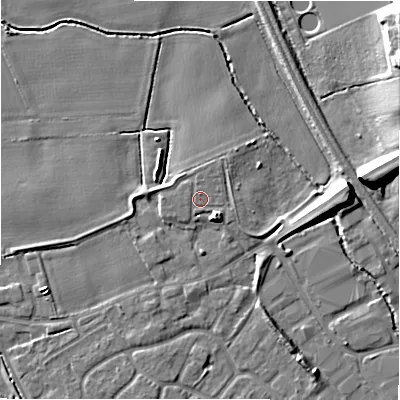 Shaded relief map of the ground around B797SW, computed from Environment Agency LiDAR. The ground here sits at about 58 m above sea level and falls 12 m across the surrounding 800 m. Surface water reaching this point runs off ground lying to the south-east, 2.3 m higher.