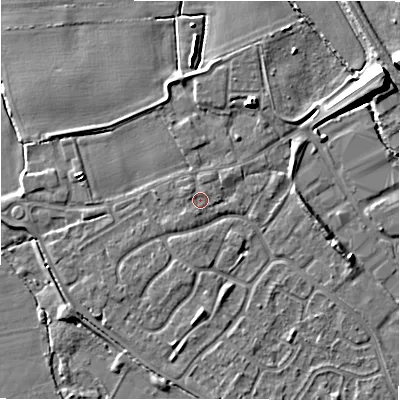 Shaded relief map of the ground around B797SZ, computed from Environment Agency LiDAR. The ground here sits at about 58 m above sea level and falls 11 m across the surrounding 800 m. Surface water reaching this point runs off ground lying to the west-north-west, 0.8 m higher.