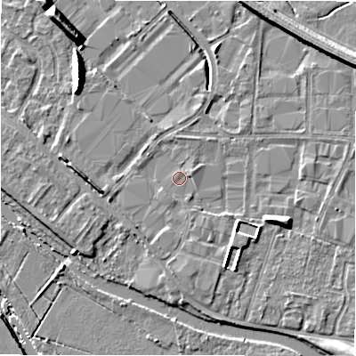 Shaded relief map of the ground around B797TF, computed from Environment Agency LiDAR. The ground here sits at about 59 m above sea level and falls 9 m across the surrounding 800 m. Surface water reaching this point runs off ground lying to the south, 1.7 m higher.