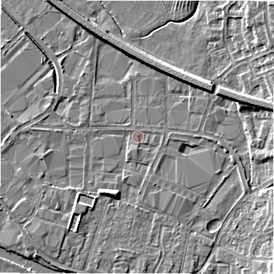 Shaded relief map of the ground around B797TH, computed from Environment Agency LiDAR. The ground here sits at about 59 m above sea level and falls 8 m across the surrounding 800 m. Surface water reaching this point runs off ground lying to the south, 0.9 m higher.