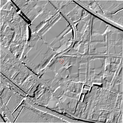 Shaded relief map of the ground around B797TJ, computed from Environment Agency LiDAR. The ground here sits at about 59 m above sea level and falls 9 m across the surrounding 800 m. Surface water reaching this point runs off ground lying to the south, 0.8 m higher.