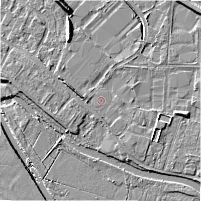 Shaded relief map of the ground around B797TL, computed from Environment Agency LiDAR. The ground here sits at about 59 m above sea level and falls 9 m across the surrounding 800 m. Surface water reaching this point runs off ground lying to the south, 1.4 m higher.