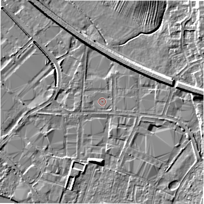 Shaded relief map of the ground around B797TN, computed from Environment Agency LiDAR. The ground here sits at about 59 m above sea level and falls 7 m across the surrounding 800 m. Surface water reaching this point runs off ground lying to the west, 0.6 m higher.