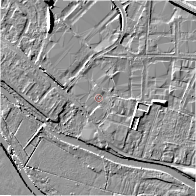 Shaded relief map of the ground around B797TR, computed from Environment Agency LiDAR. The ground here sits at about 59 m above sea level and falls 9 m across the surrounding 800 m. Surface water reaching this point runs off ground lying to the south-south-east, 1.4 m higher.
