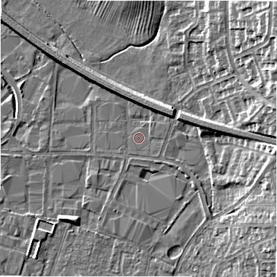 Shaded relief map of the ground around B797TS, computed from Environment Agency LiDAR. The ground here sits at about 59 m above sea level and falls 13 m across the surrounding 800 m. Surface water reaching this point runs off ground lying to the north-east, 0.6 m higher.