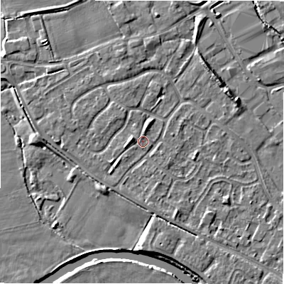 Shaded relief map of the ground around B797TU, computed from Environment Agency LiDAR. The ground here sits at about 59 m above sea level and falls 5 m across the surrounding 800 m. The ground contributing surface water to this point lies to the north-west.