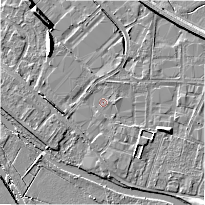 Shaded relief map of the ground around B797TW, computed from Environment Agency LiDAR. The ground here sits at about 59 m above sea level and falls 9 m across the surrounding 800 m. Surface water reaching this point runs off ground lying to the east, 0.9 m higher.