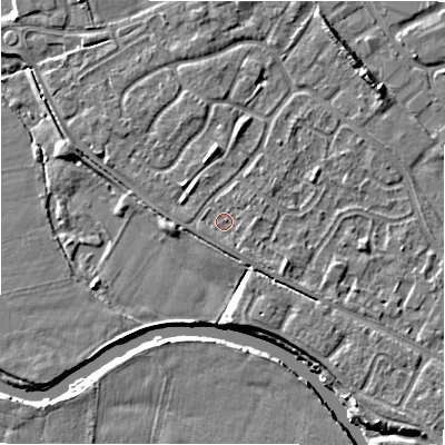 Shaded relief map of the ground around B797TX, computed from Environment Agency LiDAR. The ground here sits at about 58 m above sea level and falls 5 m across the surrounding 800 m. Surface water reaching this point runs off ground lying to the south-east, 1.5 m higher.