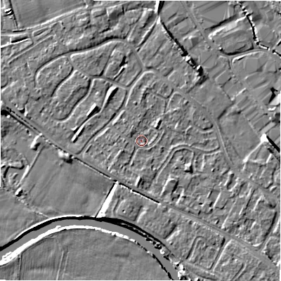 Shaded relief map of the ground around B797TY, computed from Environment Agency LiDAR. The ground here sits at about 58 m above sea level and falls 8 m across the surrounding 800 m. Surface water reaching this point runs off ground lying to the west-south-west, 0.9 m higher.
