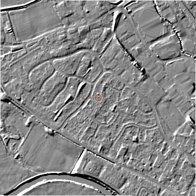 Shaded relief map of the ground around B797TZ, computed from Environment Agency LiDAR. The ground here sits at about 58 m above sea level and falls 8 m across the surrounding 800 m. Surface water reaching this point runs off ground lying to the south-west, 0.8 m higher.