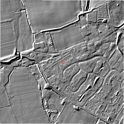 Shaded relief map of the ground around B797UA, computed from Environment Agency LiDAR. The ground here sits at about 58 m above sea level and falls 6 m across the surrounding 800 m. Surface water reaching this point runs off ground lying to the east-south-east, 1.1 m higher.