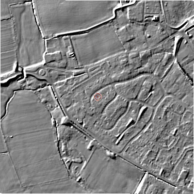 Shaded relief map of the ground around B797UB, computed from Environment Agency LiDAR. The ground here sits at about 58 m above sea level and falls 6 m across the surrounding 800 m. Surface water reaching this point runs off ground lying to the east, 1.0 m higher.