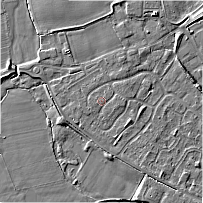 Shaded relief map of the ground around B797UD, computed from Environment Agency LiDAR. The ground here sits at about 59 m above sea level and falls 6 m across the surrounding 800 m. Surface water reaching this point runs off ground lying to the east-south-east, 1.0 m higher.