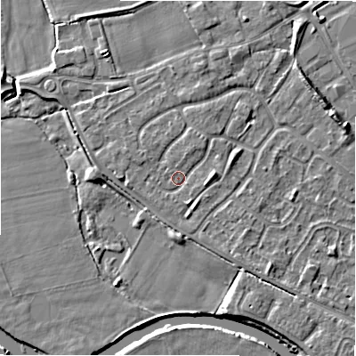 Shaded relief map of the ground around B797UF, computed from Environment Agency LiDAR. The ground here sits at about 58 m above sea level and falls 6 m across the surrounding 800 m. Surface water reaching this point runs off ground lying to the east, 1.9 m higher.