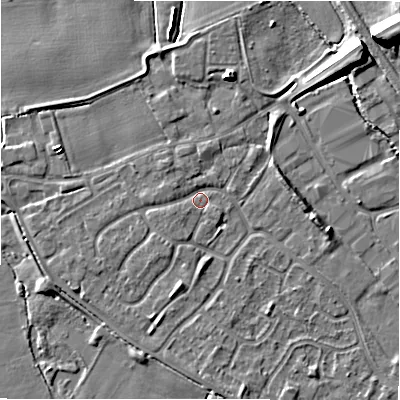 Shaded relief map of the ground around B797UG, computed from Environment Agency LiDAR. The ground here sits at about 58 m above sea level and falls 11 m across the surrounding 800 m. Surface water reaching this point runs off ground lying to the south-south-west, 1.2 m higher.