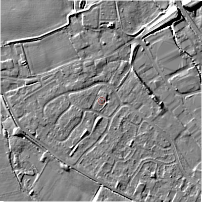Shaded relief map of the ground around B797UH, computed from Environment Agency LiDAR. The ground here sits at about 58 m above sea level and falls 11 m across the surrounding 800 m. Surface water reaching this point runs off ground lying to the west-south-west, 1.0 m higher.