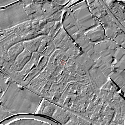 Shaded relief map of the ground around B797UJ, computed from Environment Agency LiDAR. The ground here sits at about 58 m above sea level and falls 13 m across the surrounding 800 m. Surface water reaching this point runs off ground lying to the south-west, 1.6 m higher.