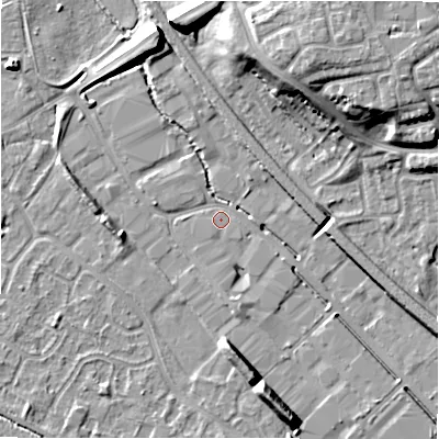 Shaded relief map of the ground around B797UL, computed from Environment Agency LiDAR. The ground here sits at about 58 m above sea level and falls 14 m across the surrounding 800 m. Surface water reaching this point runs off ground lying to the south-south-east, 7.9 m higher.