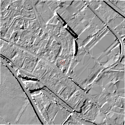 Shaded relief map of the ground around B797UP, computed from Environment Agency LiDAR. The ground here sits at about 59 m above sea level and falls 9 m across the surrounding 800 m. Surface water reaching this point runs off ground lying to the south-south-west, 1.2 m higher.
