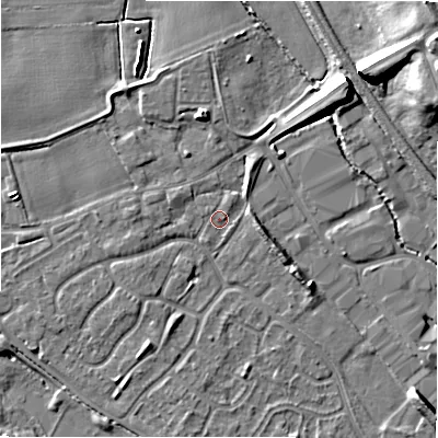 Shaded relief map of the ground around B797UQ, computed from Environment Agency LiDAR. The ground here sits at about 58 m above sea level and falls 12 m across the surrounding 800 m. Surface water reaching this point runs off ground lying to the south-east, 3.6 m higher.