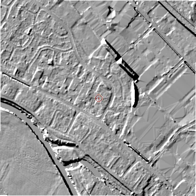 Shaded relief map of the ground around B797UR, computed from Environment Agency LiDAR. The ground here sits at about 59 m above sea level and falls 9 m across the surrounding 800 m. Surface water reaching this point runs off ground lying to the south, 1.1 m higher.