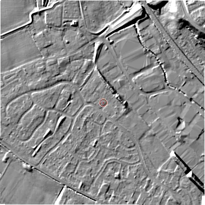 Shaded relief map of the ground around B797US, computed from Environment Agency LiDAR. The ground here sits at about 58 m above sea level and falls 14 m across the surrounding 800 m. Surface water reaching this point runs off ground lying to the east, 3.2 m higher.