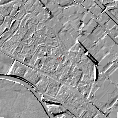 Shaded relief map of the ground around B797UT, computed from Environment Agency LiDAR. The ground here sits at about 58 m above sea level and falls 9 m across the surrounding 800 m. Surface water reaching this point runs off ground lying to the south, 2.2 m higher.