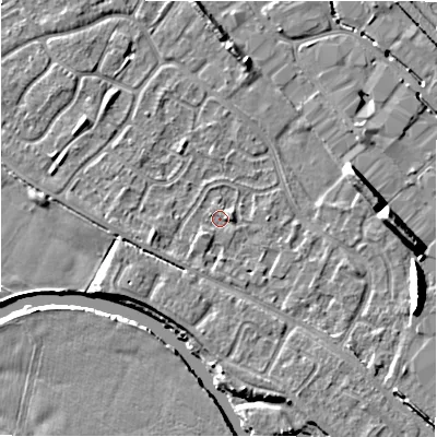 Shaded relief map of the ground around B797UU, computed from Environment Agency LiDAR. The ground here sits at about 58 m above sea level and falls 9 m across the surrounding 800 m. Surface water reaching this point runs off ground lying to the south-west, 1.4 m higher.