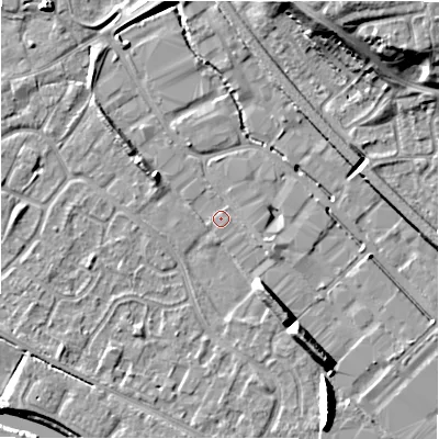 Shaded relief map of the ground around B797UW, computed from Environment Agency LiDAR. The ground here sits at about 58 m above sea level and falls 15 m across the surrounding 800 m. Surface water reaching this point runs off ground lying to the south-south-east, 5.9 m higher.