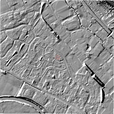 Shaded relief map of the ground around B797UX, computed from Environment Agency LiDAR. The ground here sits at about 58 m above sea level and falls 12 m across the surrounding 800 m. Surface water reaching this point runs off ground lying to the south-east, 6.3 m higher.