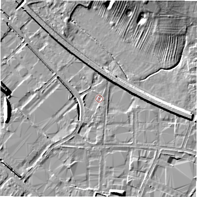 Shaded relief map of the ground around B797XA, computed from Environment Agency LiDAR. The ground here sits at about 58 m above sea level and falls 10 m across the surrounding 800 m. Surface water reaching this point runs off ground lying to the east, 4.6 m higher.