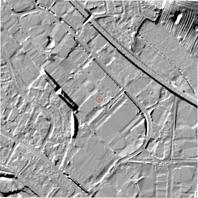 Shaded relief map of the ground around B797XB, computed from Environment Agency LiDAR. The ground here sits at about 58 m above sea level and falls 14 m across the surrounding 800 m. Surface water reaching this point runs off ground lying to the south-east, 1.0 m higher.