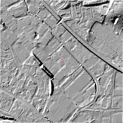 Shaded relief map of the ground around B797XD, computed from Environment Agency LiDAR. The ground here sits at about 58 m above sea level and falls 13 m across the surrounding 800 m. Surface water reaching this point runs off ground lying to the south-south-west, 7.2 m higher.