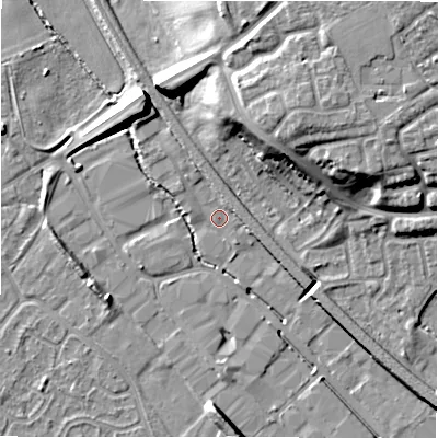 Shaded relief map of the ground around B797XE, computed from Environment Agency LiDAR. The ground here sits at about 58 m above sea level and falls 15 m across the surrounding 800 m. Surface water reaching this point runs off ground lying to the north, 1.8 m higher.