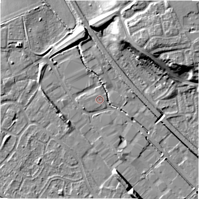 Shaded relief map of the ground around B797XF, computed from Environment Agency LiDAR. The ground here sits at about 58 m above sea level and falls 14 m across the surrounding 800 m. Surface water reaching this point runs off ground lying to the south-south-east, 6.8 m higher.