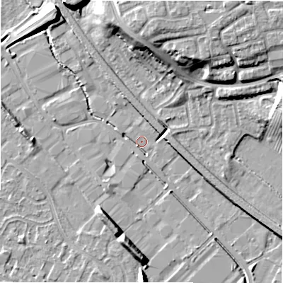 Shaded relief map of the ground around B797XH, computed from Environment Agency LiDAR. The ground here sits at about 58 m above sea level and falls 14 m across the surrounding 800 m. Surface water reaching this point runs off ground lying to the south, 7.9 m higher.