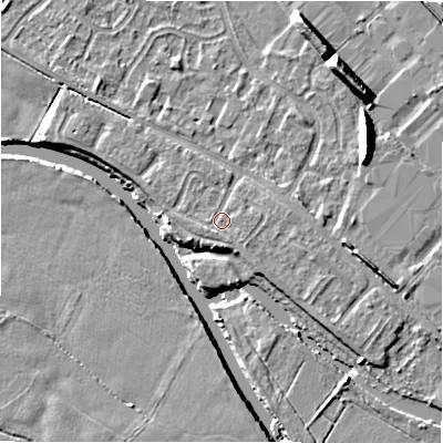 Shaded relief map of the ground around B797YL, computed from Environment Agency LiDAR. The ground here sits at about 60 m above sea level and falls 9 m across the surrounding 800 m. Surface water reaching this point runs off ground lying to the south-east, 0.8 m higher.