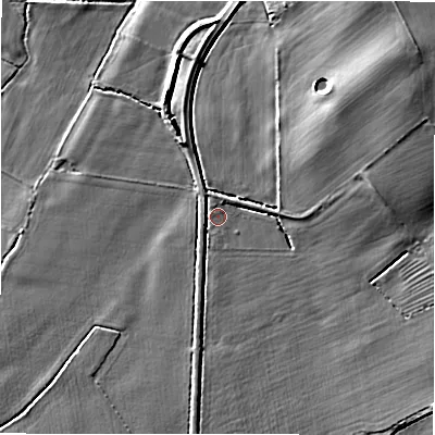 Shaded relief map of the ground around B799BE, computed from Environment Agency LiDAR. The ground here sits at about 56 m above sea level and falls 11 m across the surrounding 800 m. Surface water reaching this point runs off ground lying to the south-south-west, 0.6 m higher.