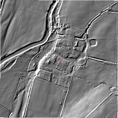 Shaded relief map of the ground around B799BG, computed from Environment Agency LiDAR. The ground here sits at about 57 m above sea level and falls 10 m across the surrounding 800 m. Surface water reaching this point runs off ground lying to the south-south-east, 8.3 m higher.