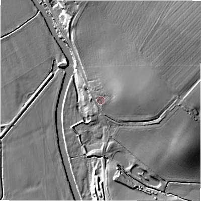 Shaded relief map of the ground around B799BL, computed from Environment Agency LiDAR. The ground here sits at about 60 m above sea level and falls 21 m across the surrounding 800 m. Surface water reaching this point runs off ground lying to the east-north-east, 12.2 m higher.