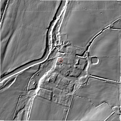 Shaded relief map of the ground around B799BQ, computed from Environment Agency LiDAR. The ground here sits at about 57 m above sea level and falls 8 m across the surrounding 800 m. Surface water reaching this point runs off ground lying to the east, 1.1 m higher.